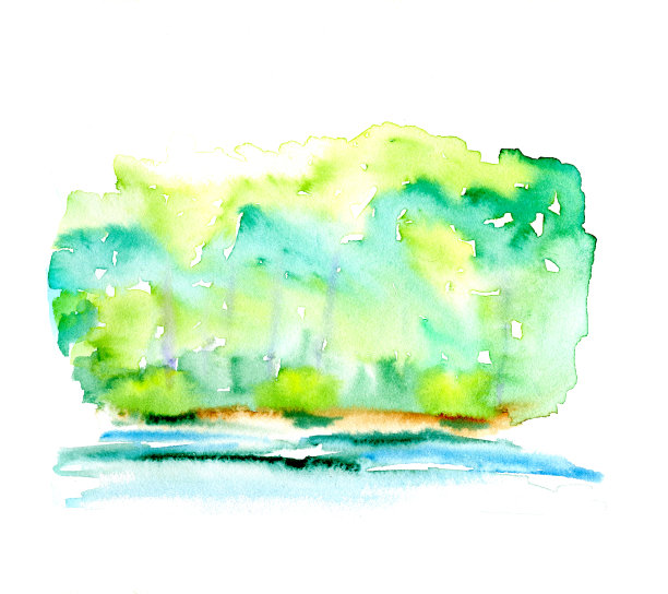 水彩素描景观森林河流。手绘插图在纸上。抽象的背景图片下载