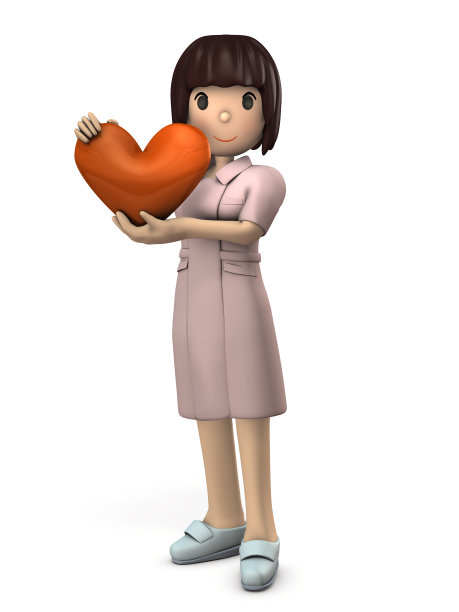 年轻的护士拿着一个心标记。她表现出热情好客的心。白色背景。3 d演示。图片下载