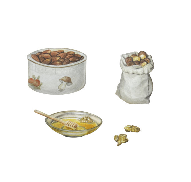 美丽的插图与坚果和干果在盘子和袋子。杏干，葡萄干，核桃，杏仁，榛子和蜂蜜，隔离在白色的装饰海报，商店橱窗，明信片。图片下载