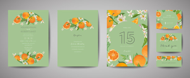 一套植物婚礼请柬，复古保存日期，模板设计的橘子，柑橘类水果，花和叶，开花插图。矢量时尚封面，图形海报，小册子图片下载