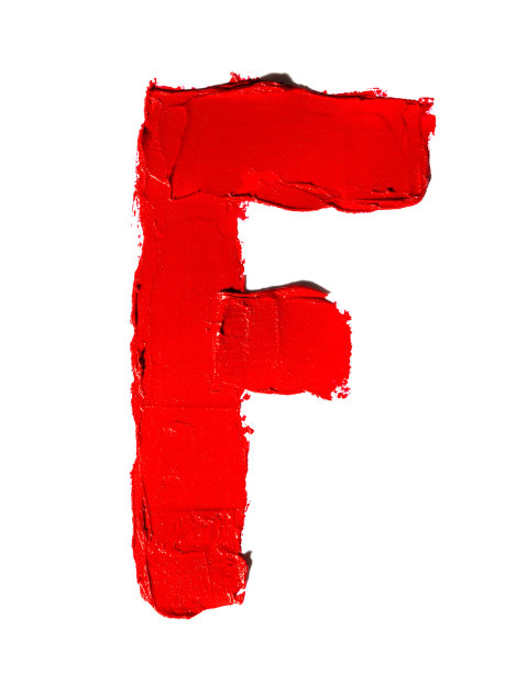 手写的英文大写字母F，用红色唇膏涂抹在白色的背景上。剪下图片下载