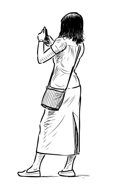 一个女孩用智能手机拍照的素描图片下载
