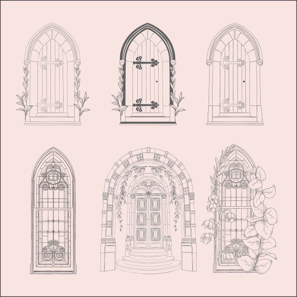 手绘素描复古门，盖茨，窗户集。图片下载