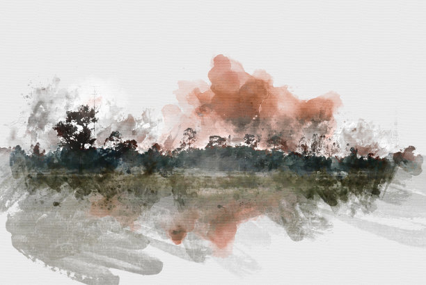 抽象彩色树木景观和田野水彩插画背景画。图片下载