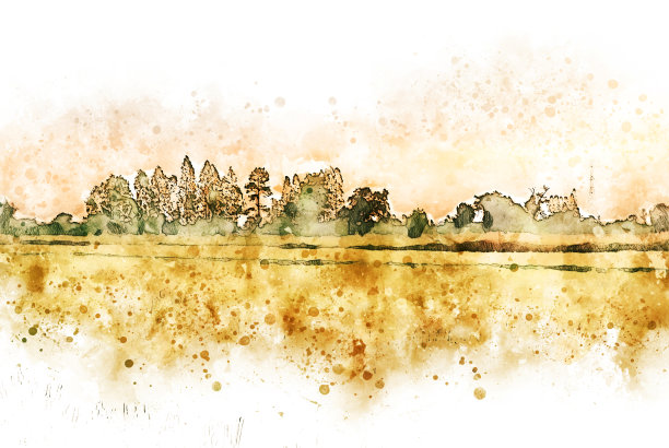 抽象彩色树木景观和田野水彩插画背景画。图片下载