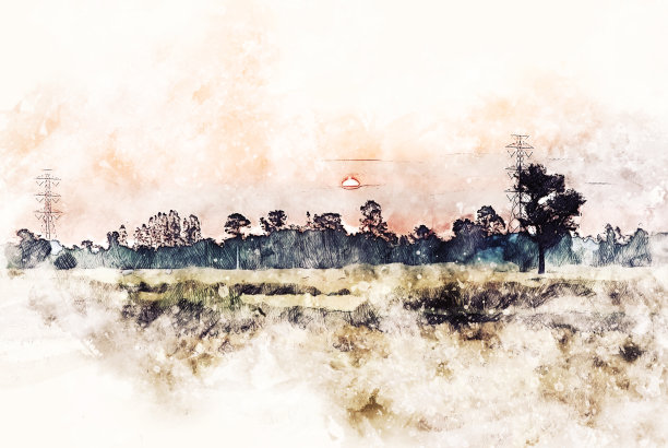 抽象彩色树木景观和田野水彩插画背景画。图片下载