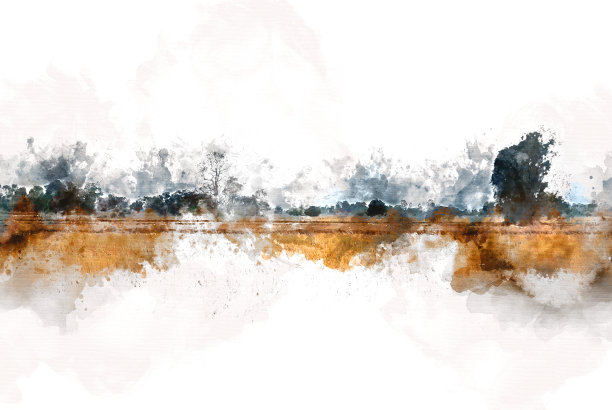 抽象彩色树木景观和田野水彩插画背景画。图片下载