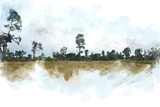 抽象彩色树木景观和田野水彩插画背景画。图片下载