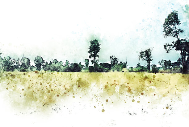 抽象彩色树木景观和田野水彩插画背景画。图片下载