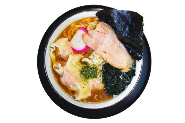 孤立的顶视图拉面猪肉骨汤(Tonkotsu拉面)与茶树猪肉，葱，馄饨，Menma(调味竹笋)，干紫菜。图片下载