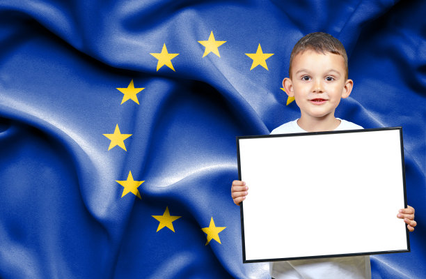 可爱的小男孩在欧盟国旗前举着空牌子图片下载