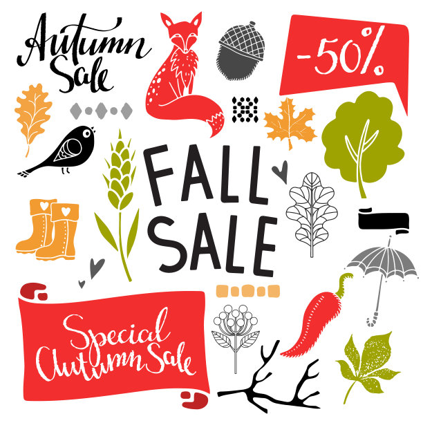 秋、秋销售设计元素集孤立图片下载