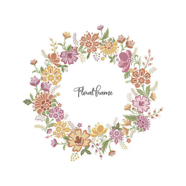 花卉矢量花环框架。文字的装饰性花卉背景。绿色背景与多色的树叶和花朵。春夏田间百花模板。图片下载