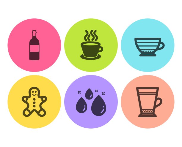 酒瓶，姜饼人和卡布奇诺图标集。水滴、茶杯和拿铁的标志。向量图片下载