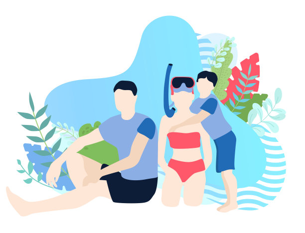 家庭度假。带着孩子的人们在沙滩上度过夏日周末，戴着面具游泳。图片下载