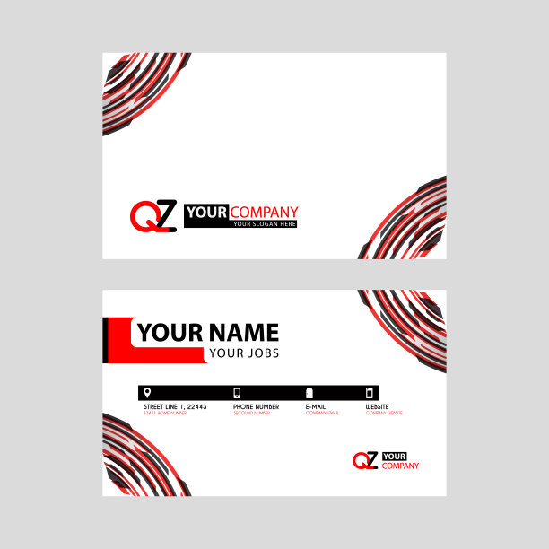 现代简约的横向设计名片。内部有QZ标志和透明的红黑颜色。ZQ Logo模板插图可以用于，登陆页，网站，手机应用程序，海报，传单，优惠券，礼品卡，智能手机模板，网页设计图片下载