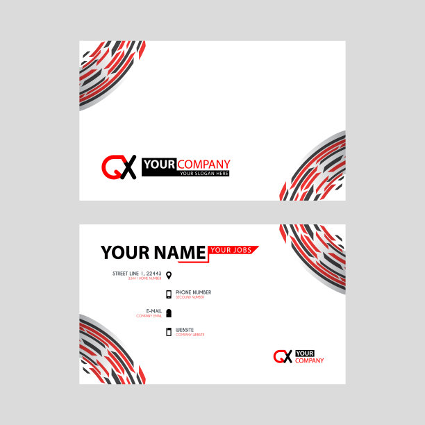 现代简约的横向设计名片。内部有QX标志和透明的红黑颜色。XQ Logo模板插图可以用于，登陆页，网站，手机应用程序，海报，传单，优惠券，礼品卡，智能手机模板，网页设计图片下载