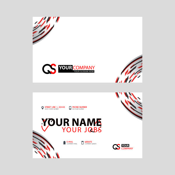 现代简约的横向设计名片。内部有QS标志和透明的红黑颜色。SQ Logo模板插图可以用于，登陆页，网站，手机应用程序，海报，传单，优惠券，礼品卡，智能手机模板，网页设计图片下载