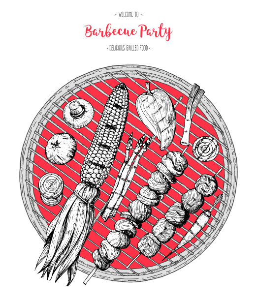 烤肉和蔬菜顶视图框架。矢量插图。雕刻设计。手绘插图。烧烤餐厅菜单设计模板。烤架上的食物。图片下载