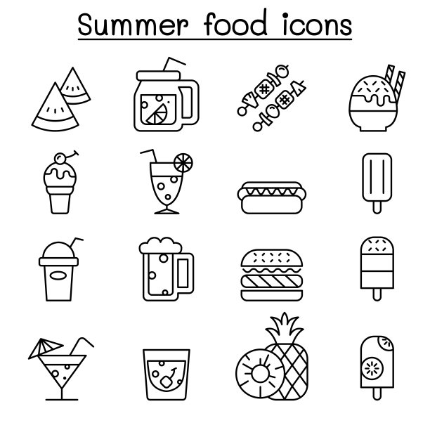 夏季美食图标，细线风格图片下载