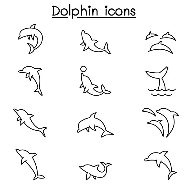 海豚图标设置在细线风格图片下载