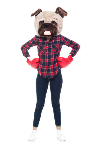 漂亮的年轻拉丁女性打扮成一只狗和使用拳击手套图片下载