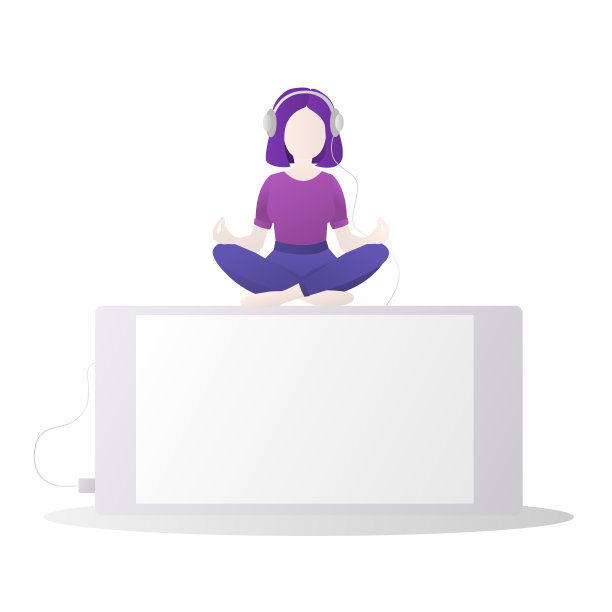 扁平女孩戴着耳机听着智能手机上的音乐，做着莲花式冥想。矢量插图。社交媒体概念。孤立的图片下载