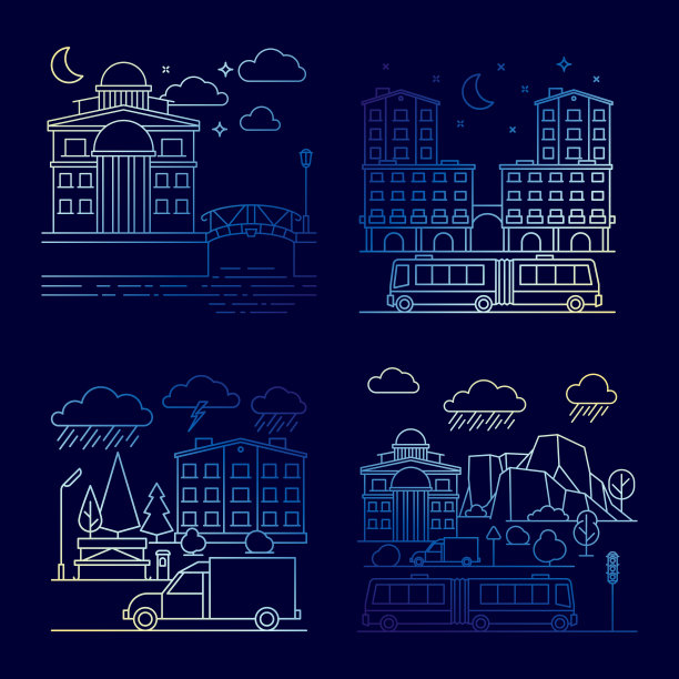 夜行城市景观矢量横幅设置图片下载