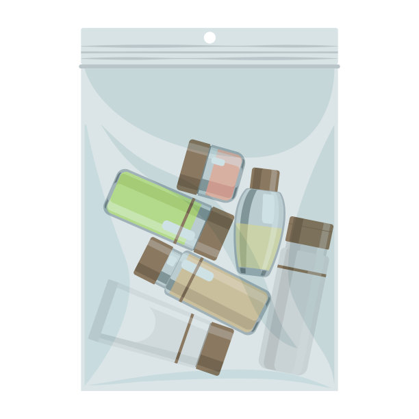 液体舱大小的塑料袋与化妆品瓶子矢量图片下载