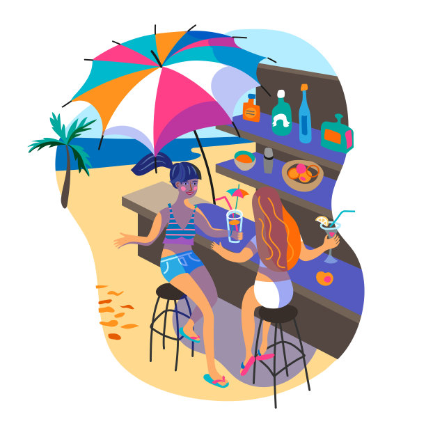 女朋友在海滩酒吧柜台插图孤立的白色背景图片下载