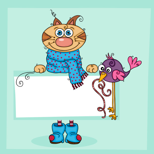 背景插图与猫和鸟持有空白贴纸图片下载