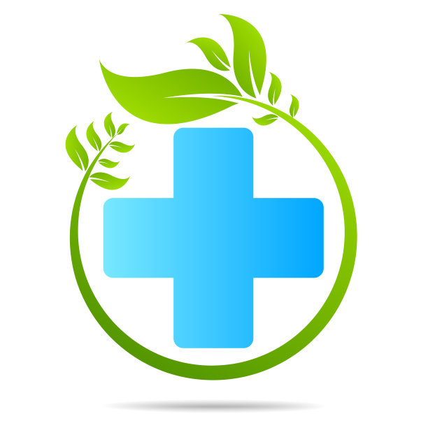 卫生保健绿色医疗十字和叶，标志孤立图片下载