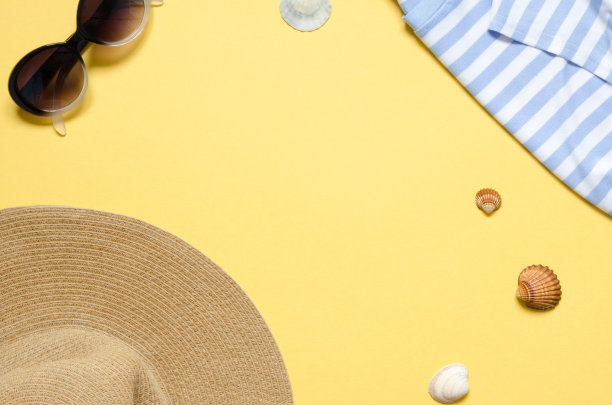 暑假概念平铺。海滩配件俯视图。spase副本。——图片图片下载