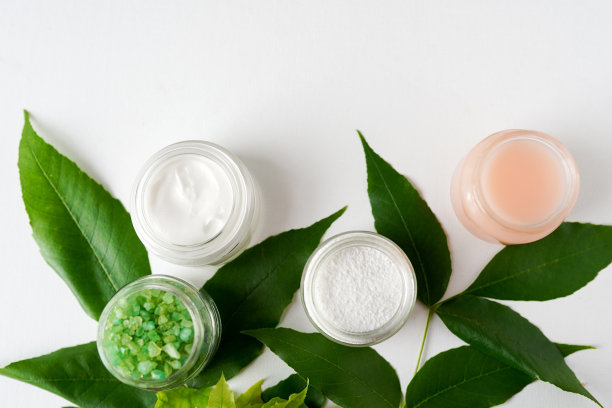 Spa治疗理念，平铺天然化妆品面膜、凝胶、盐景，空间为文字。白色背景拷贝空间图片下载