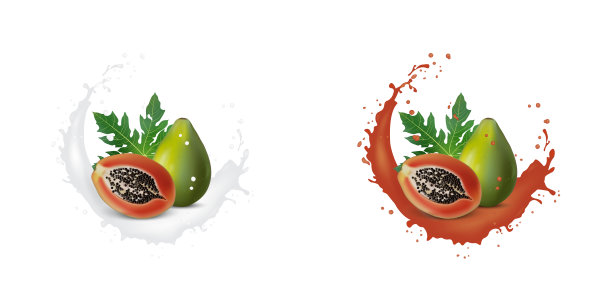 新鲜的3d现实木瓜切片与果汁牛奶酸奶巧克力飞溅滴孤立在白色的背景。包装模板。现实的有机水果乳制品。图片下载