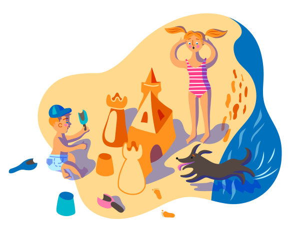 儿童建造沙堡插图孤立在白色的背景图片下载