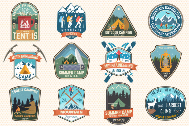 一套山地探险和夏令营补丁。矢量概念衬衫或打印，邮票，徽章。复古的排版设计与森林营地，山脉探险。户外冒险的象征图片下载