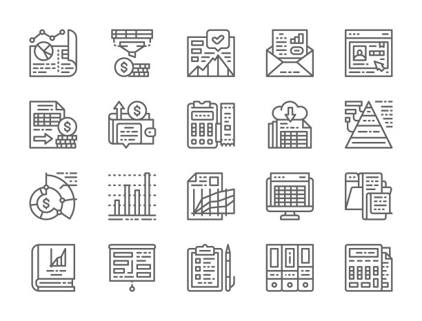 会计报表行图标的设置。演示，银行帐户，文件夹与文件，计算器和更多。图片下载