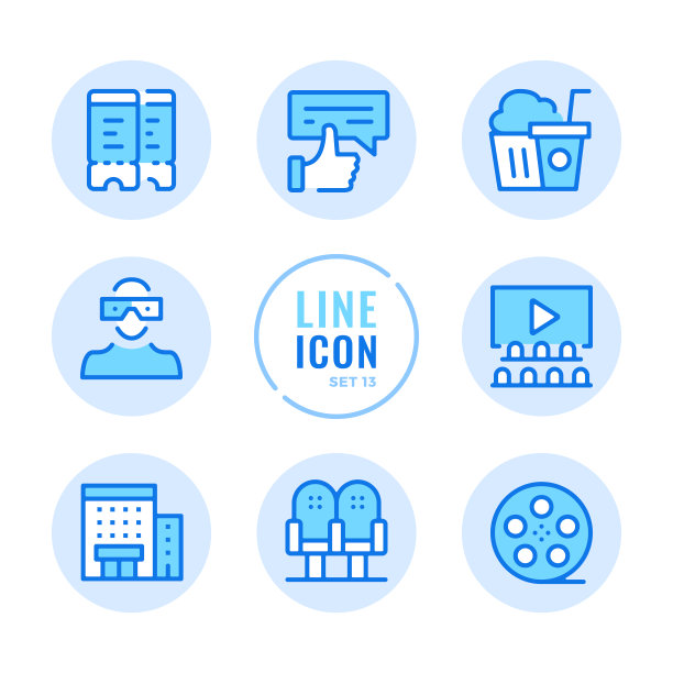 电影矢量线图标集。电影院，座位，电影卷轴，爆米花，票的轮廓符号。线性，细线风格。简单的描边轮廓图形元素的网页设计，网站，移动应用程序。圆形图标图片下载