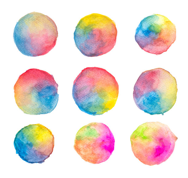圆形形状的设计元素。一套彩色水彩，彩色圆形水彩手绘插图在一个白色的背景图片下载