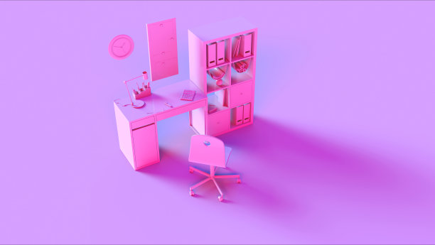 粉红色的小型当代家庭办公室设置与书架、挂钟、计算器、台灯和文件图片下载