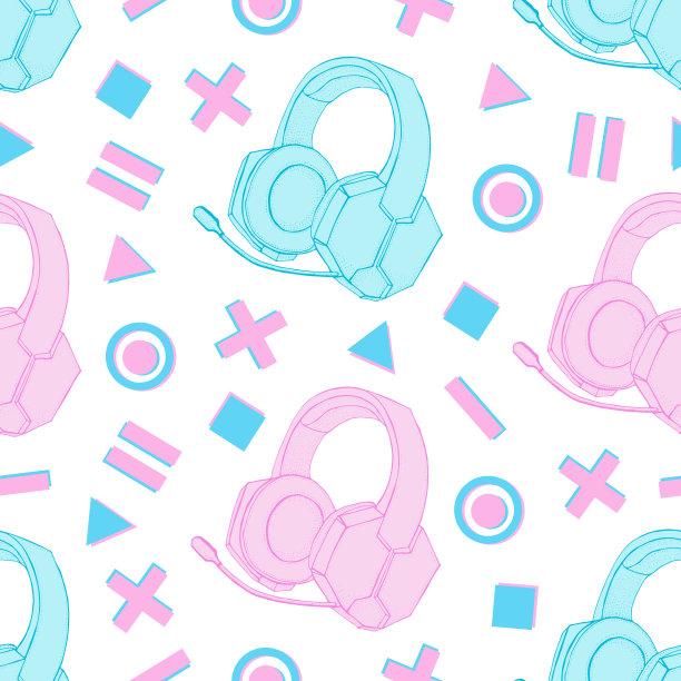 耳机与麦克风与几何元素无缝图案。设备的音乐，视频游戏和电子竞技，玩家和streemer。手绘对象上的白色背景图片下载
