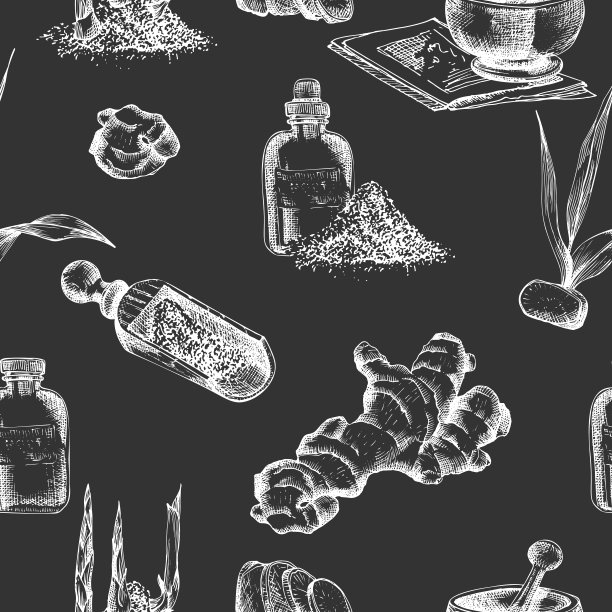 无缝手绘模式的生姜根，生活和花在粉笔白色孤立在黑色板背景。复古平面设计植物素描图片下载