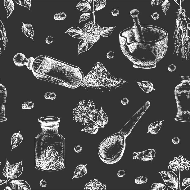 无缝图案手绘人参根，生活和花粉笔白色孤立在黑色板背景。复古的平面设计。植物素描、版画风格图片下载