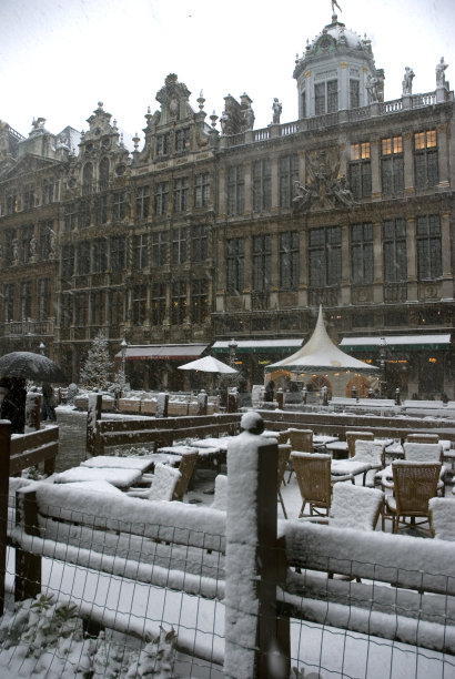 雪下的大广场餐厅，布鲁塞尔，比利时图片下载