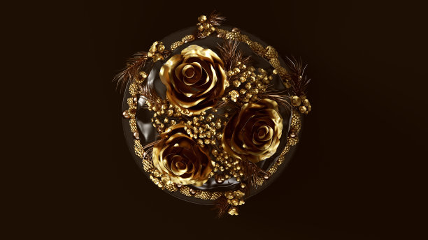 大的黑色和金色的鲜花和浆果豪华蛋糕图片下载