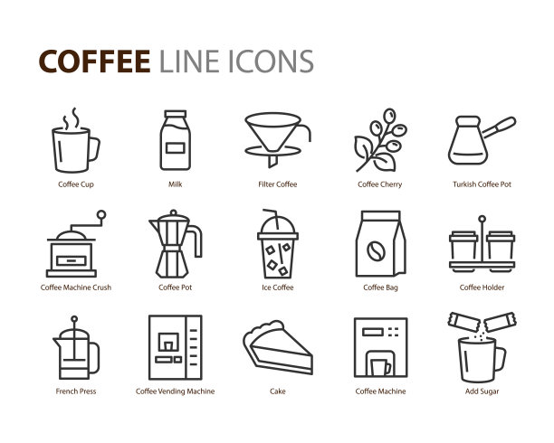 一套咖啡系列图标，如冰咖啡、牛奶、餐厅、咖啡豆、酒吧、咖啡厅图片下载
