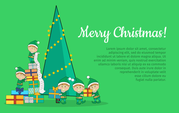 圣诞精灵在圣诞树旁包装礼物图片下载