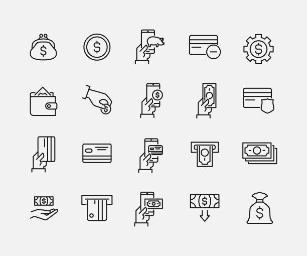 银行相关的线条图标的简单集合。图片下载