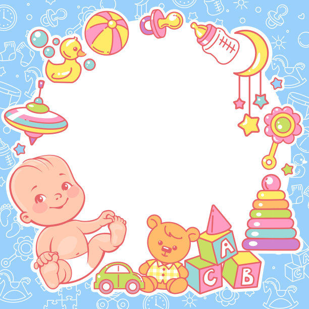 婴儿淋浴设计模板。小男孩带着玩具架。图片下载